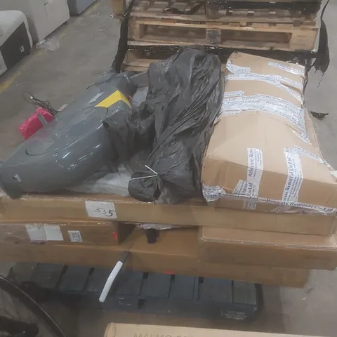 PALLET OF ASSORTED HOUSEHOLD GOODS AND INCOMPLETE FURNITURE PARTS; INCLUDES COT BED PARTS, VACUUM CLEANER, SPORTS MACHINE PARTS ETC