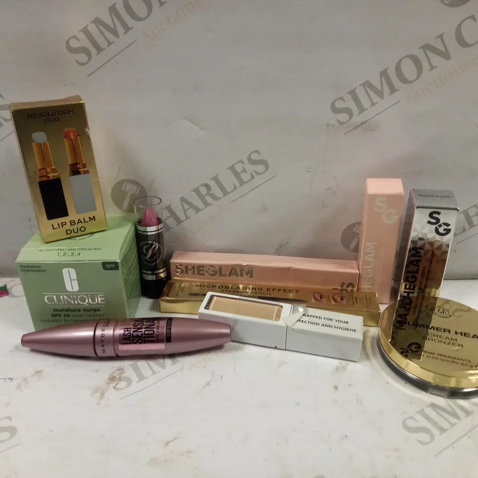 LOT OF 10 MAKE-UP PRODUCTS TO INCLUDE MAYBELINE SUPER STAY ACTIVE WEAR CONCEALER CORRECTOR, REVOLUTION LIP BALM DUO, LOS ANGELES SUMMER HEAT CREAM BRONZER, ETC