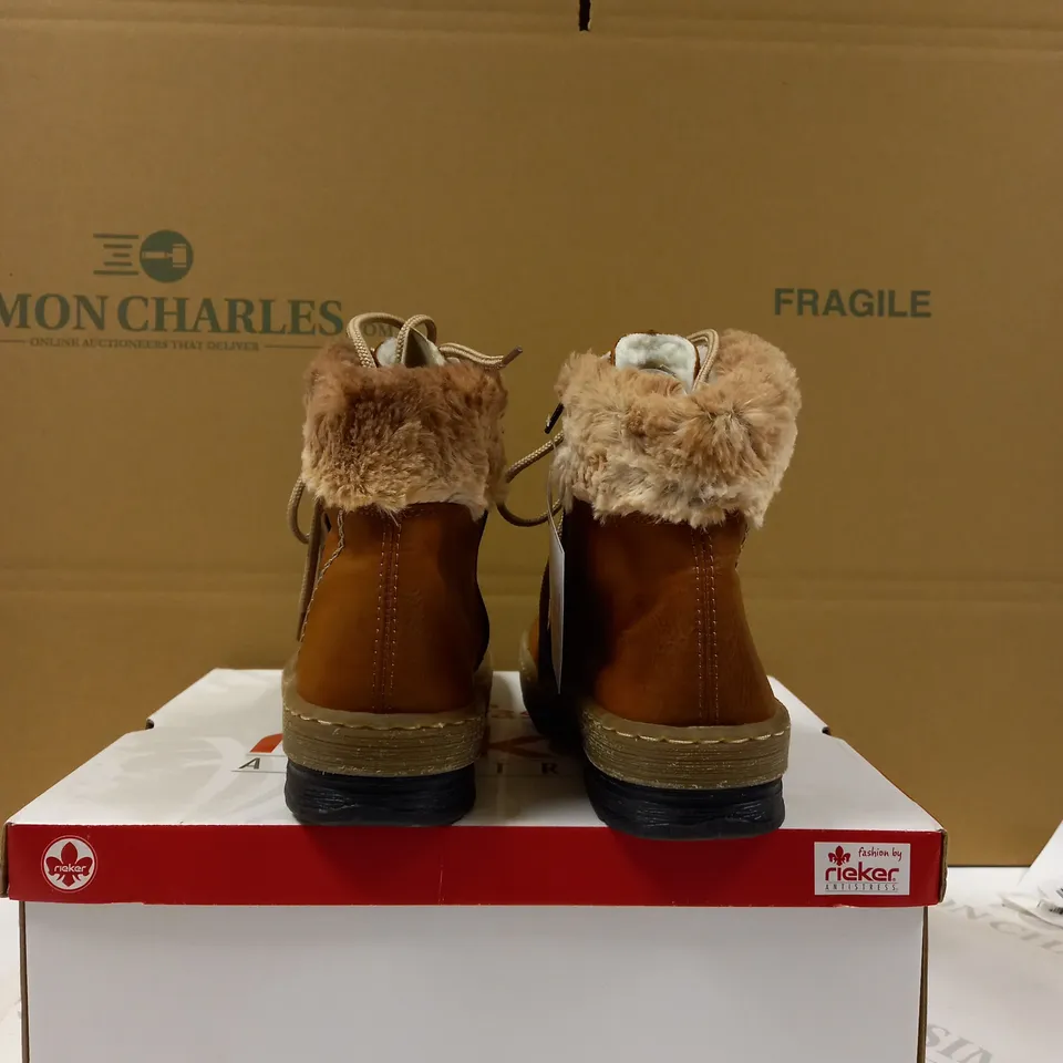 BOXED PAIR OF RIEKER LACE UP ANKLE BOOTS - TAN - UK SIZE 4