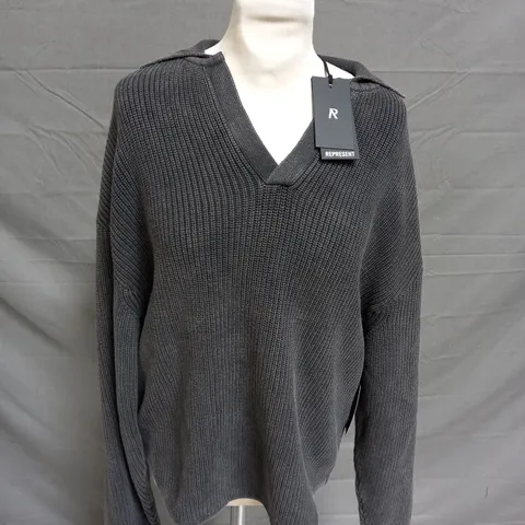 REPRESENT RIBBED KNIT OVERSIZED POLO IN WASHED BLACK - SMALL