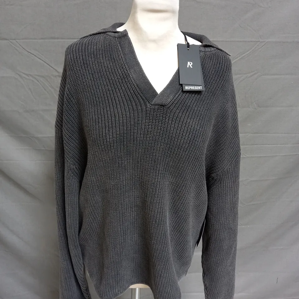 REPRESENT RIBBED KNIT OVERSIZED POLO IN WASHED BLACK - SMALL