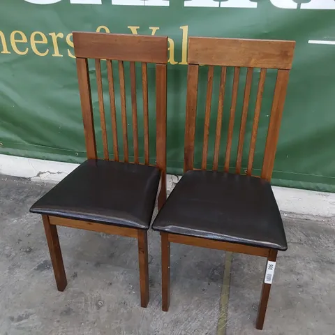 PAIR OF DARK WOOD SLAT BACK DINING CHAIRS BROWN PU SEATS