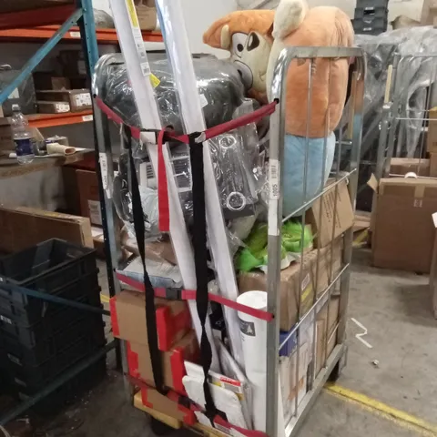 CAGE OF ASSORTED HOUSEHOLD GOODS AND PRODUCTS TO INCLUDE; CURTAINS, CHRISTMAS DECORATIONS, TOASTER, BLINDS ETC