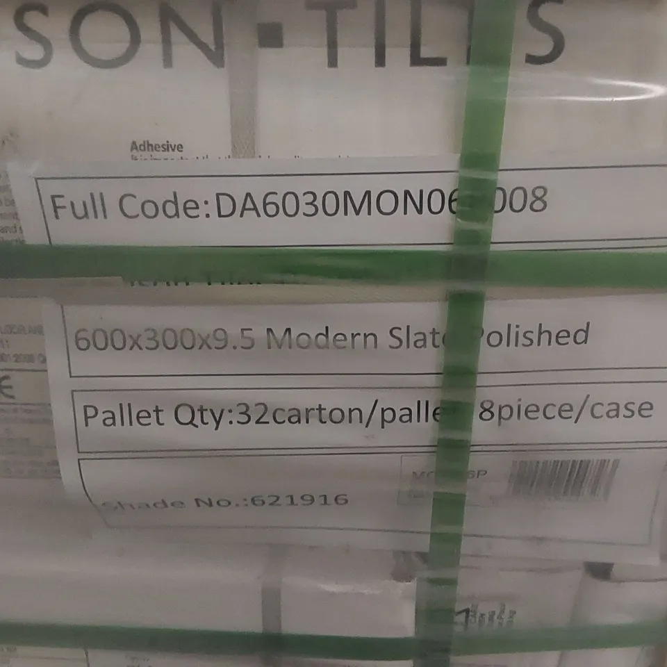 PALLET TO CONTAIN APPROX 32 X PACKS OF JOHNSON TILES MODERN SLATE POLISHED PORCELAIN FLOOR & WALL TILES - 8 TILES PER PACK // TILE SIZE: 600 X 300 X 9.5mm