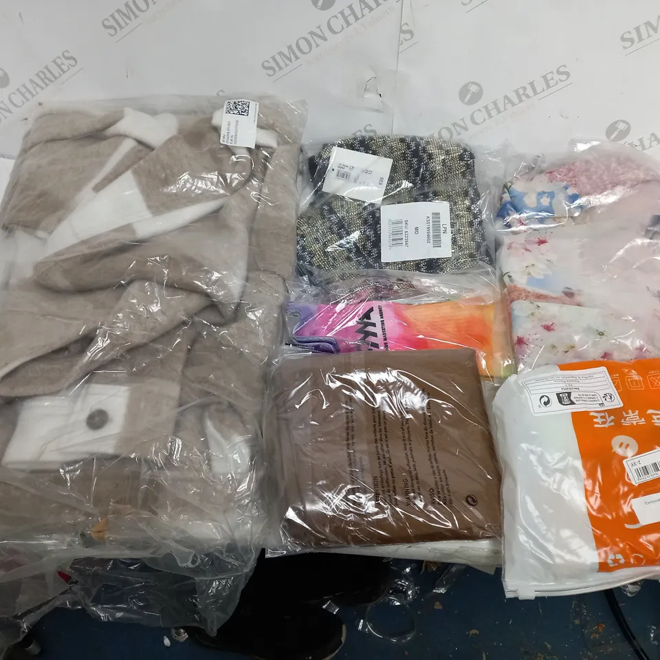 LARGE BOX OF ASSORTED CLOTHING ITEMS IN VARIOUS COLOURS AND SIZES INCLUDING TROUSERS , TOPS AND JUMPERS 