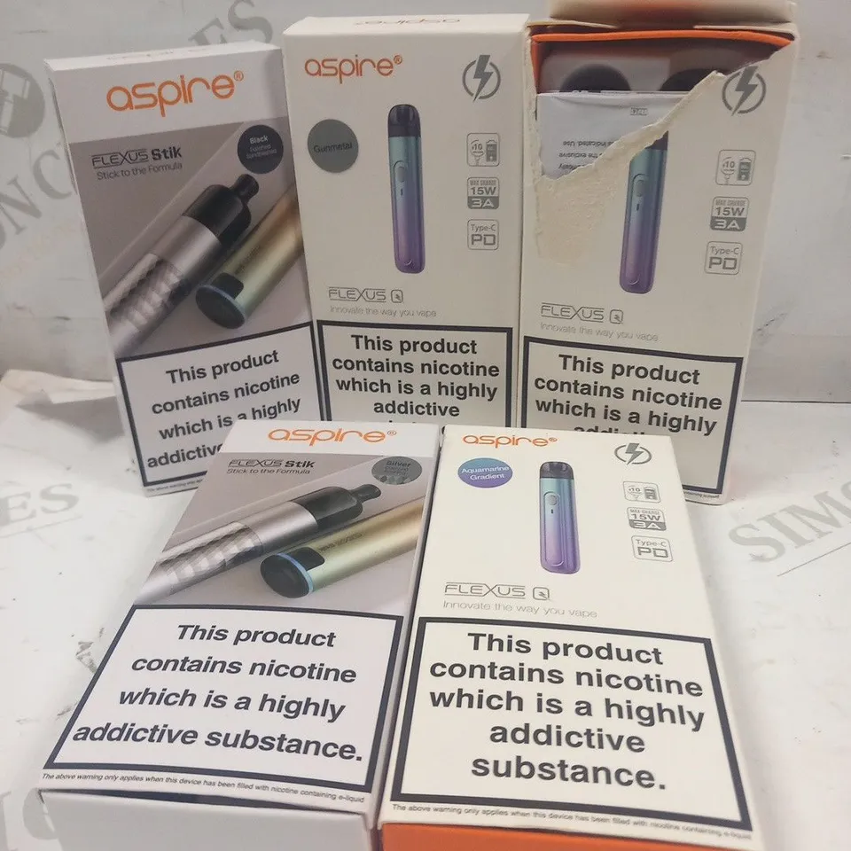 APPROXIMATELY 5 BOXED ASPIRE VAPING PRODUCTS TO INCLUDE; FLEXUS STIX AND, FLEXUS Q