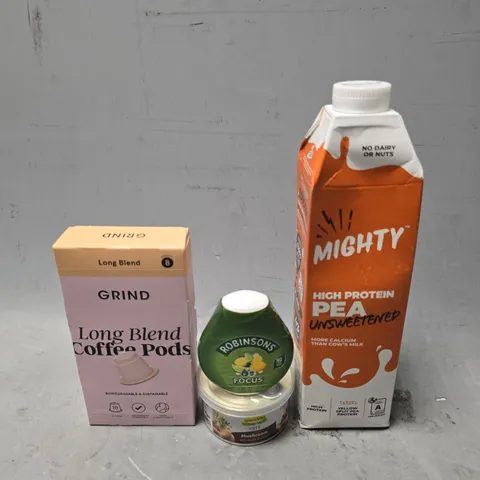 APPROXIMATELY 7 ASSORTED FOOD & DRINK ITEMS TO INCLUDE - GRIND HOUSE BLEND , MIGHTY PEA , ROBINSONS FOCUS ETC