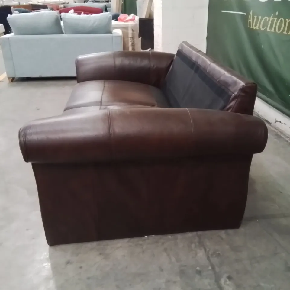 QUALITY DESIGNER LEATHER ROLL ARM SOFA (BACK CUSHIONS MISSING)