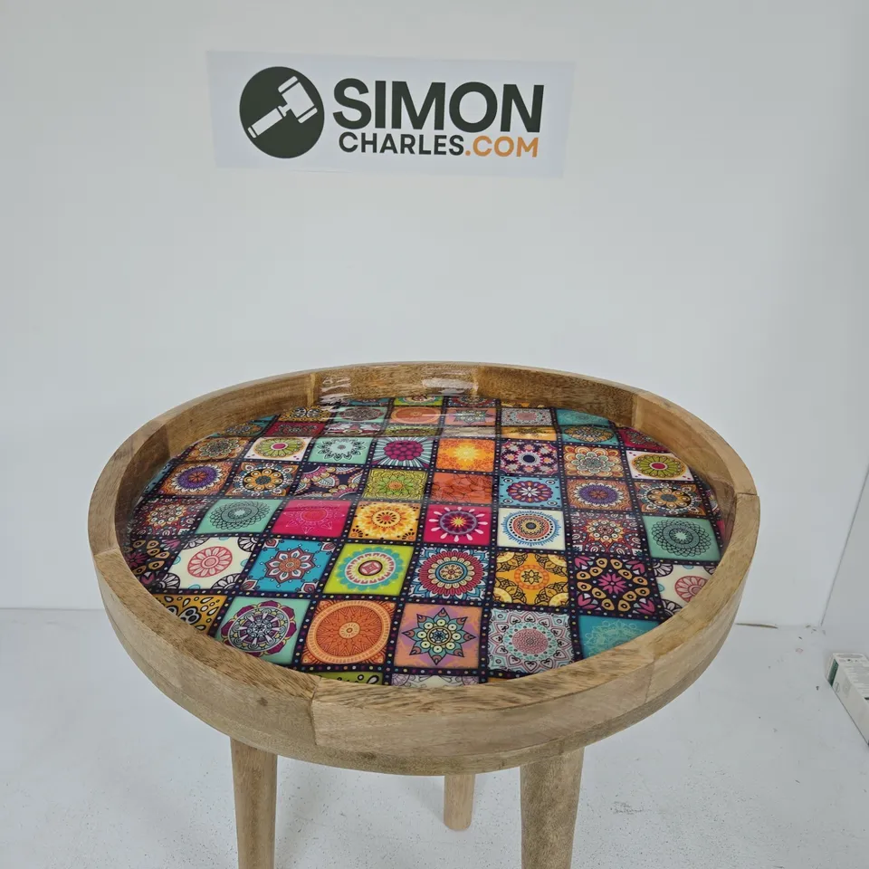 CIRCULAR WOODEN SIDE TABLE WITH MOSAIC-INSET TOP