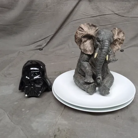 LOT OF APPROXIMATELY 20 ASSORTED POTTERY ITEMS TO INCLUDE DARTH VADER MUG, ELEPHANT ORNAMENT AND DINNER PLATES