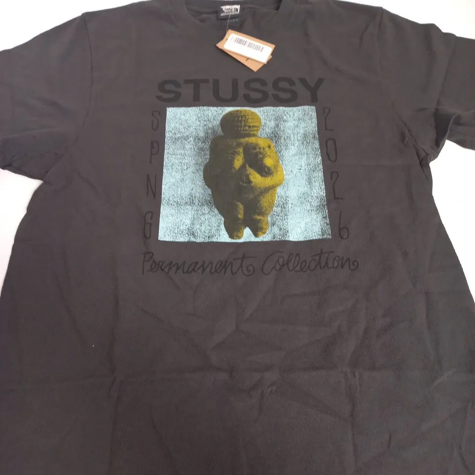 STUSSY BLACK T‑SHIRT WITH PERMANENT COLLECTION GRAPHIC - SIZE SMALL