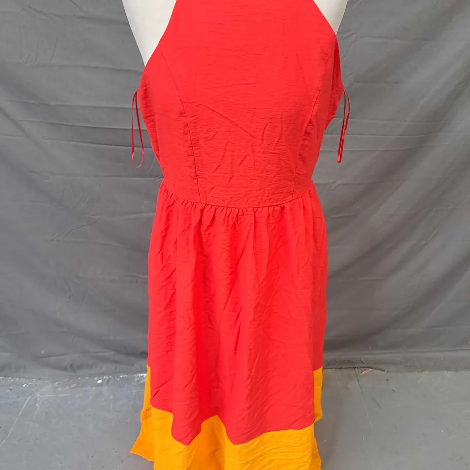 OLIVER BONAS RED COLOUR BLOCK HALTERNECK DRESS IN RED/YELLOW SIZE 10