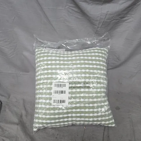 LANSFIELD DECORATIVE CUSHION – GREEN & WHITE STRIPE, IN PACKAGING