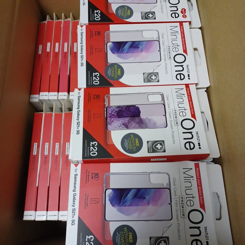 LOT OF APPROX. 96 BRAND NEW TECH21 MINUTE ONE PREMIUM CLEAR CASE FILM SCREEN PROTECTOR WITH 3M MULTIPLE DROP PROTECTION AND TRIPLE LAYER FILM PROTECTION FOR SAMSUNG GALAXY S21+ 5G