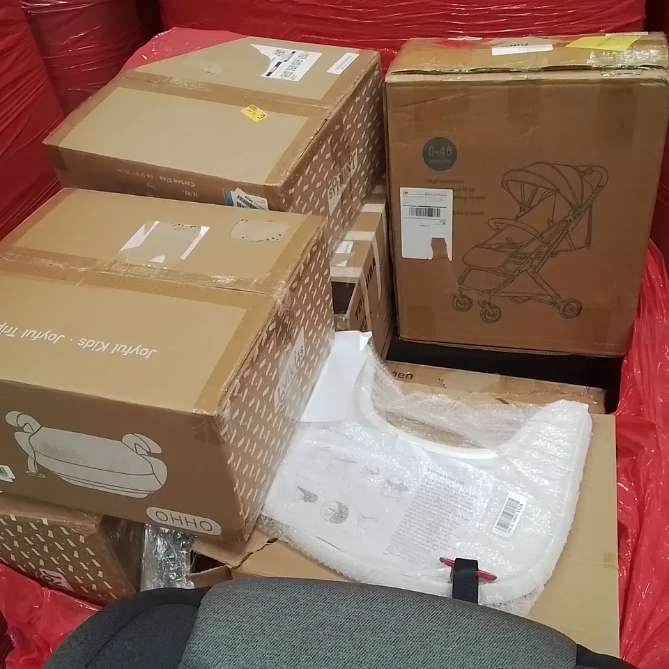 PALLET CONTAINING VARIOUS ASSORTED BOXED HOUSEHOLD ITEMS TO INCLUDE: KARCHER K4, BABY CAR SEATS, ROLLAROR WALKING AID AND LOTS MORE UNMARKED BOXED ITEMS 