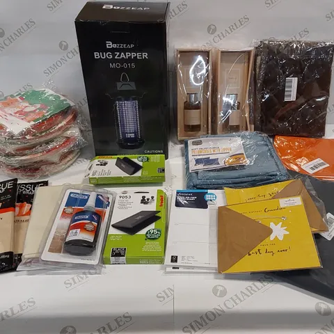 BOX OF 20 BRAND NEW ITEMS TO INCLUDE: BUG ZAPPER, 3 PACKS OF CHRISTMAS PLATES, PILLOWCASES WITH ZIPPER