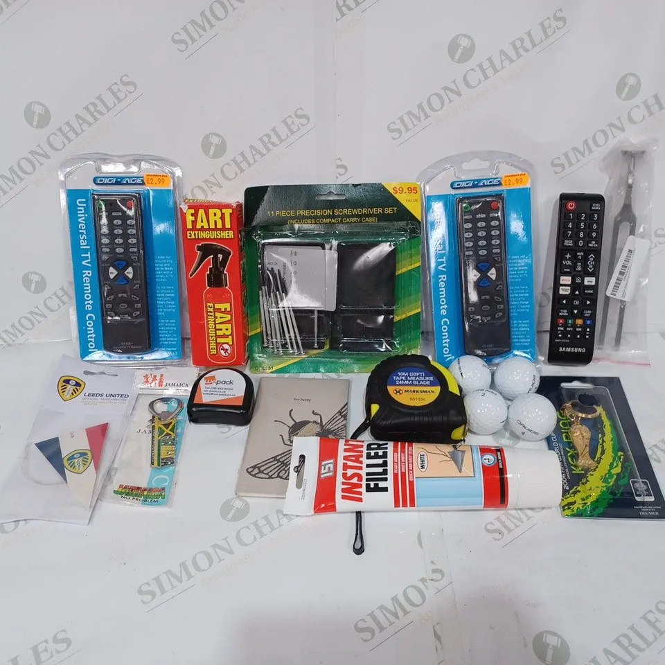 BOX TO CONTAIN APPROX. 25 X ASSORTED HOUSEHOLD PRODUCTS. INCLUDES GOLF BALLS, TV REMOTES, TAPE MEASURE, FLY KILLER ETC