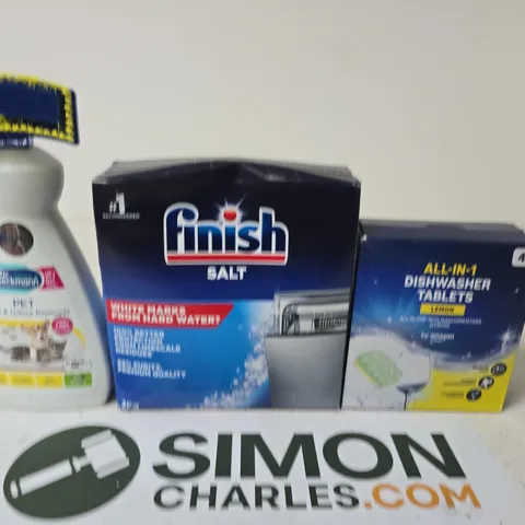 APPROXIMATELY 15 ASSORTED HOUSEHOLD PRODUCTS TO INCLUDE PET ODOUR REMOVER ,FINISH SALT AND DISHWASHER TABLETS