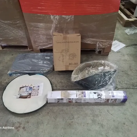 PALLET OF ASSORTED ITEMS INCLUDING: RETRACTABLE SAFETY GATE, MOSQUITO NET, LADDER POTTY, WICKER BASKET, LAUNDRY BASKET