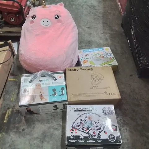 PALLET OF ASSORTED ITEMS INCLUDING: BABY SWING, BABY GYM MATS, UNICORN BEAN BAG, BABY UPSEAT ECT
