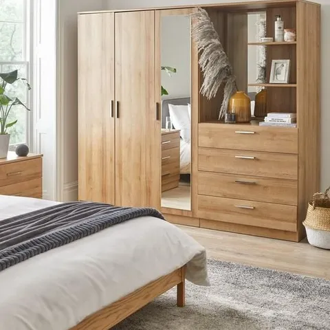 BOXED PANAMA 3-DOOR 4-DRAWER COMBI WARDROBE IN DARK OAK (5 BOXES)