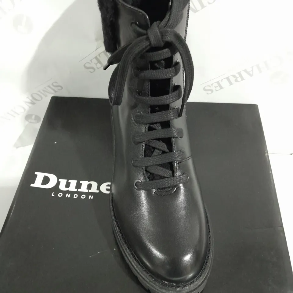 BOXED PAIR OF DUNE LACE UP BOOTS IN BLACK - SIZE 6