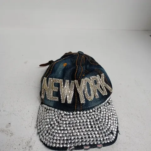 DENIM BASEBALL CAP WITH RHINESTONE 'NEW YORK' MOTIF
