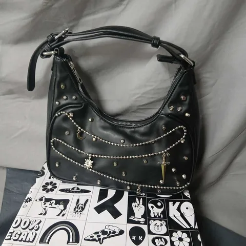 KOI BLACK FAUX LEATHER HANDBAG WITH SILVER-TONE CHAIN EMBELLISHMENTS AND STUDS 