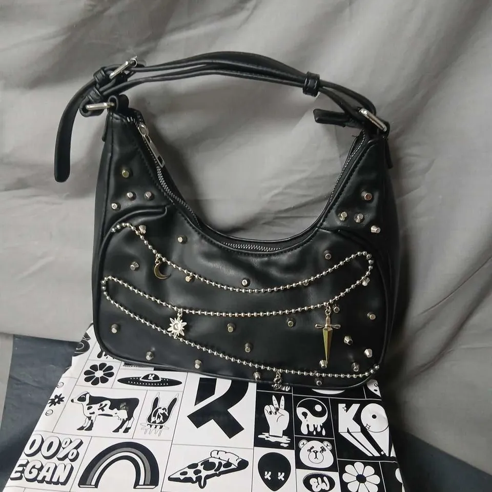 KOI BLACK FAUX LEATHER HANDBAG WITH SILVER-TONE CHAIN EMBELLISHMENTS AND STUDS 