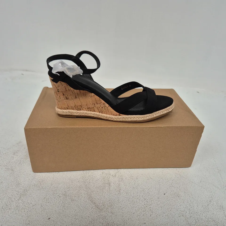 BOXED PAIR OF NOVO BIANCA TWO PART CORK WEDGE SANDALS IN BLACK UK 6