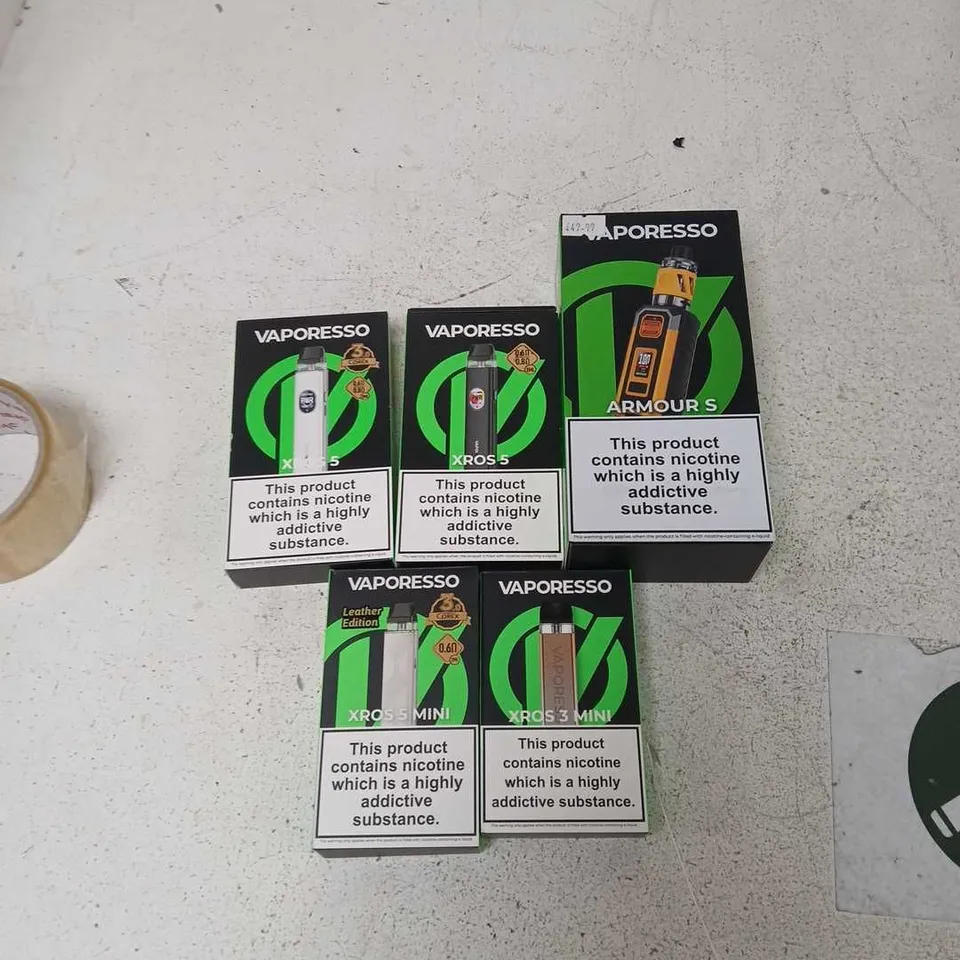 BOX OF APPROXIMATELY 35 ASSORTED E-CIGARETTES AND COMPONENTS TO INCLUDE:  ASSORTED VAPORESSO DEVICE KITS 