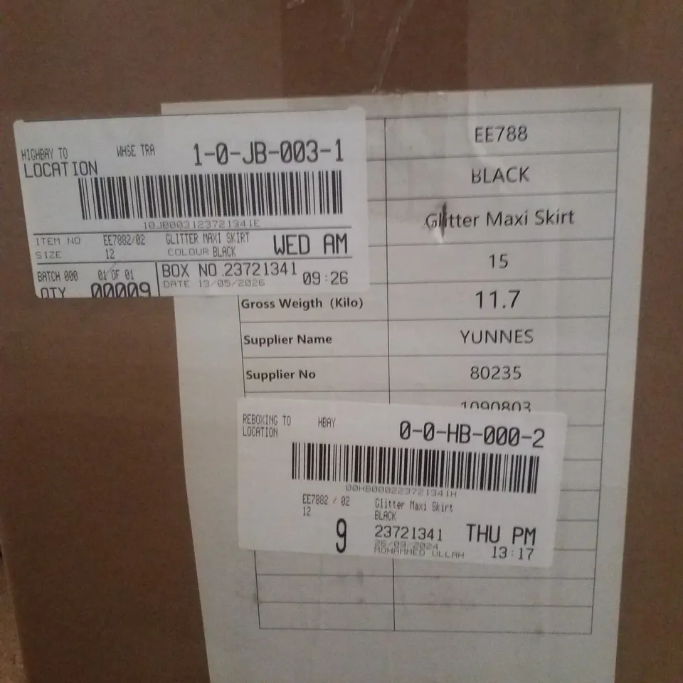 BOX CONTAINING APPROXIMATELY 9 BRAND NEW JD WILLIAMS BLACK GLITTER MAXI SKIRT - SIZE 12