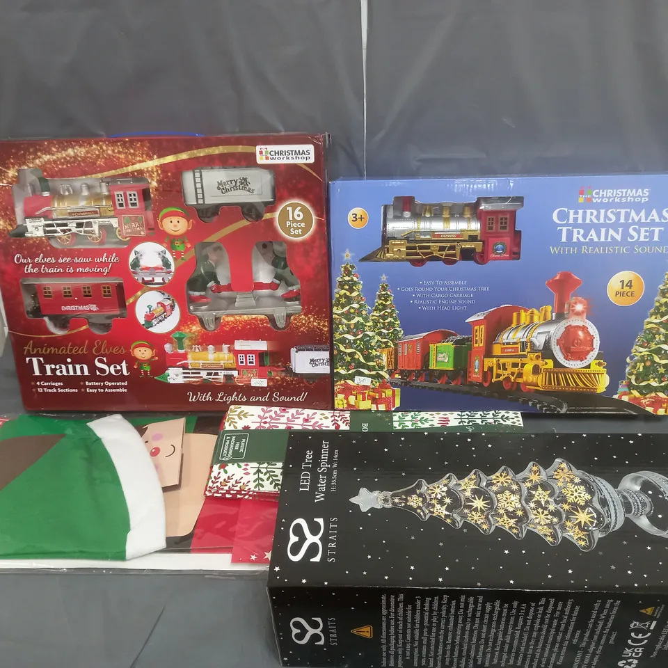 BOX OF APPROXIMATELY 10 ASSORTED CHRISTMAS ITEMS TO INCLUDE LED LIGHT, CHRISTMAS TRAIN SETS AND DECORATIONS