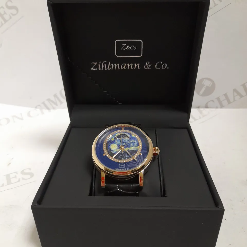 MENS ZIHLMANN & CO AUTOMATIC WATCH – Z150 – MOONPHASE DIAL – GLASS EXHIBITION BACKCASE - SILVER COLOUR CASE – BLACK LEATHER STRAP