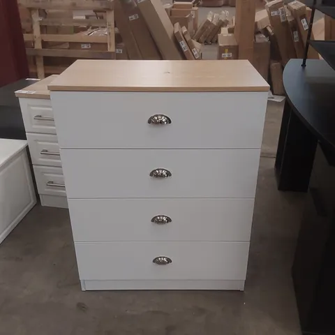 LOROLA 4 DRAWER CHEST OF DRAWERS. 70CM WIDE. MATT FINISH, OAK EFFECT TOP. POLISHED CHROME CUP HANDLES COLOUR:WHITE