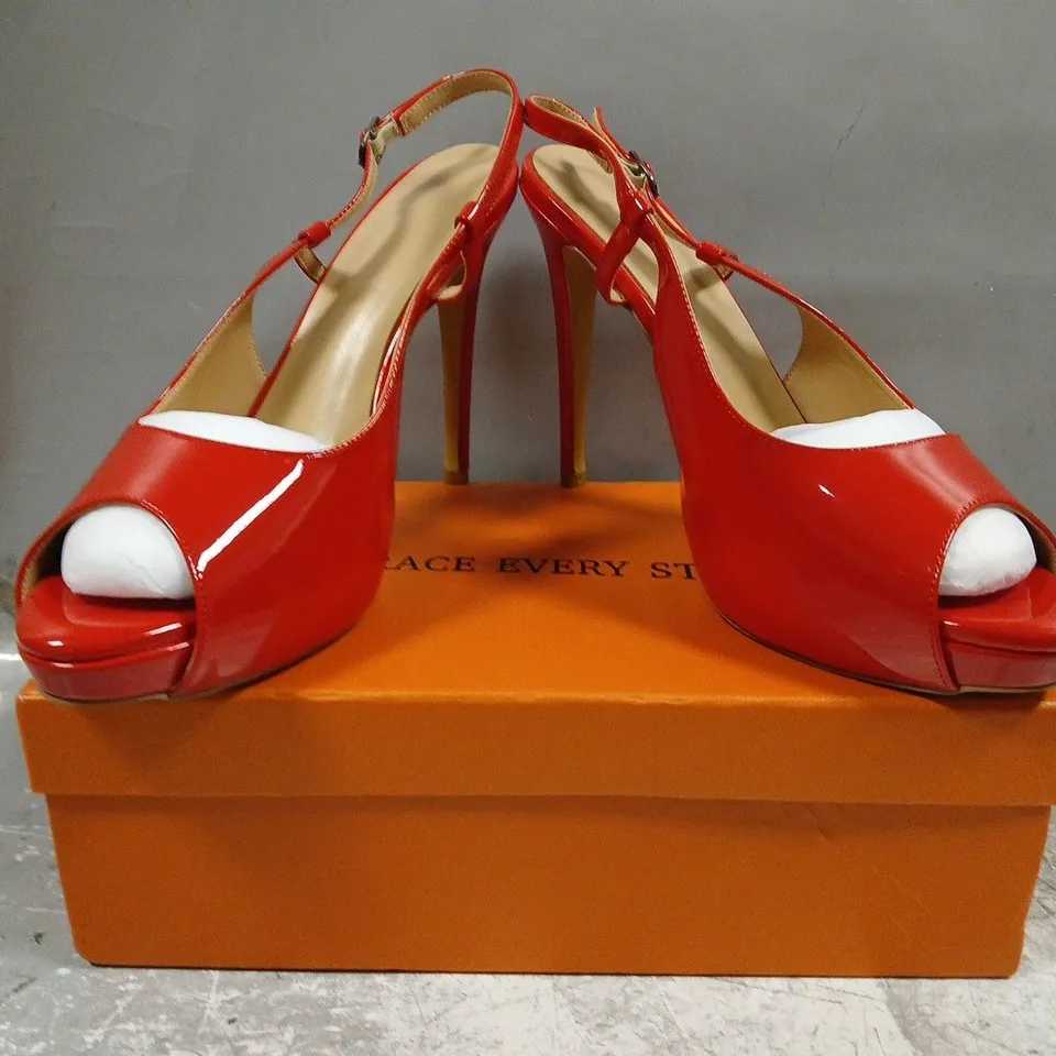 BOXED PAIR OF UNBRANDED PEEP TOE STILETTO HEEL SANDALS IN RED SIZE EU 43