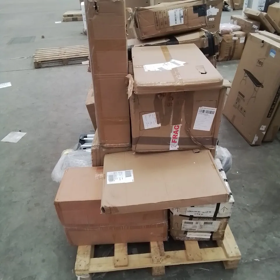 A PALLET OF VARIOUS FURNITURE PARTS GAZEBO AND HOUSEHOLD ITEMS ETC.