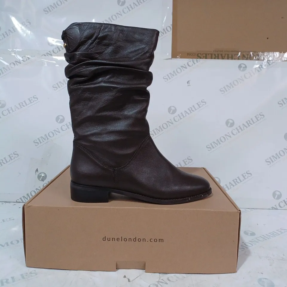 BOXED PAIR OF DUNE LONDON CALF BOOTS IN BROWN SIZE 6