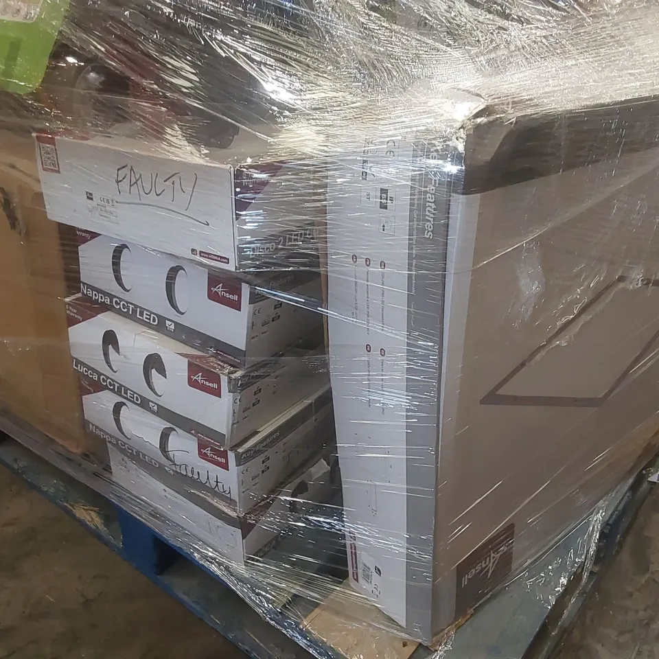 PALLET CONTAINING A VERY LARGE QUANTITY OF ASSORTED ITEMS INCLUDING: LED LIGHTS, HEDGE TRIMMER, LAWN MOWER, 1400W ELECTRIC PRESSURE WASHER, OTHER ASSORTED ELECTRIC GARDEN TOOLS ECT
