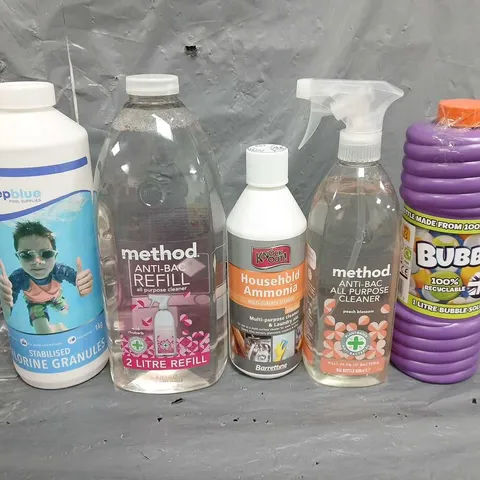 11 ASSORTED LIQUIDS TO INCLUDE BUBBLZ , METHOD ANTI-BAC REFILL LIQUID , DEEPBLUE CHLORINE GRANULES ETC - COLLECTION ONLY