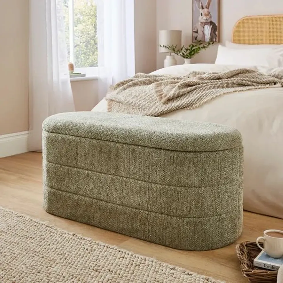 BOXED CHENILLE LOZENGE OTTOMAN WITH TRAY - SAGE