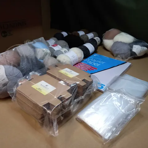 LOT OF APPROX 20 ASSORTED HOUSEHOLD/ CRAFT ITEMS TO INCLUDE: WOOL, COPIER PAPER, CLEAR BAGS