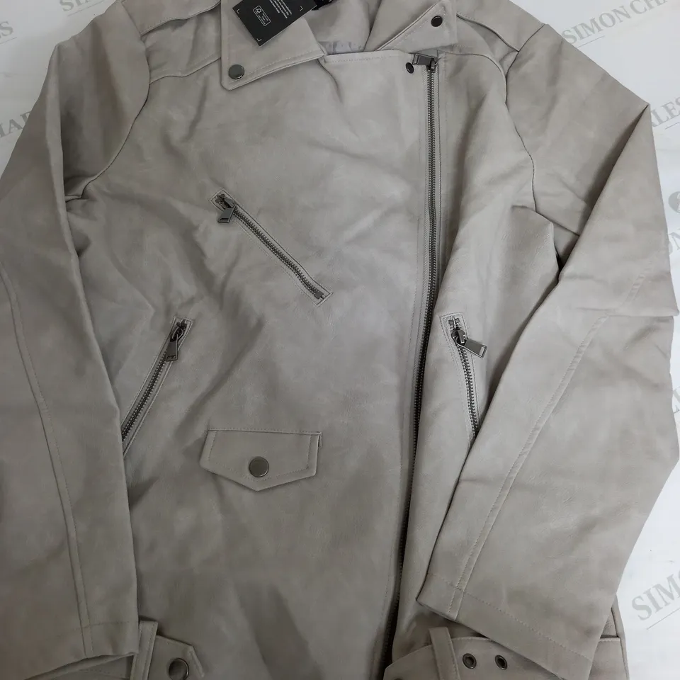 SIMPLY BE. PU BIKER JACKET IN GREY - SIZE 12