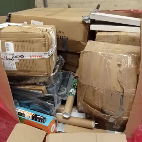 PALLET OF ASSORTED HOUSEHOLD GOODS AND PRODUCTS TO INCLUDE; TROPICAL AQUARIUM LAMPS/LIGHTS, BOXED FURNITURE ETC