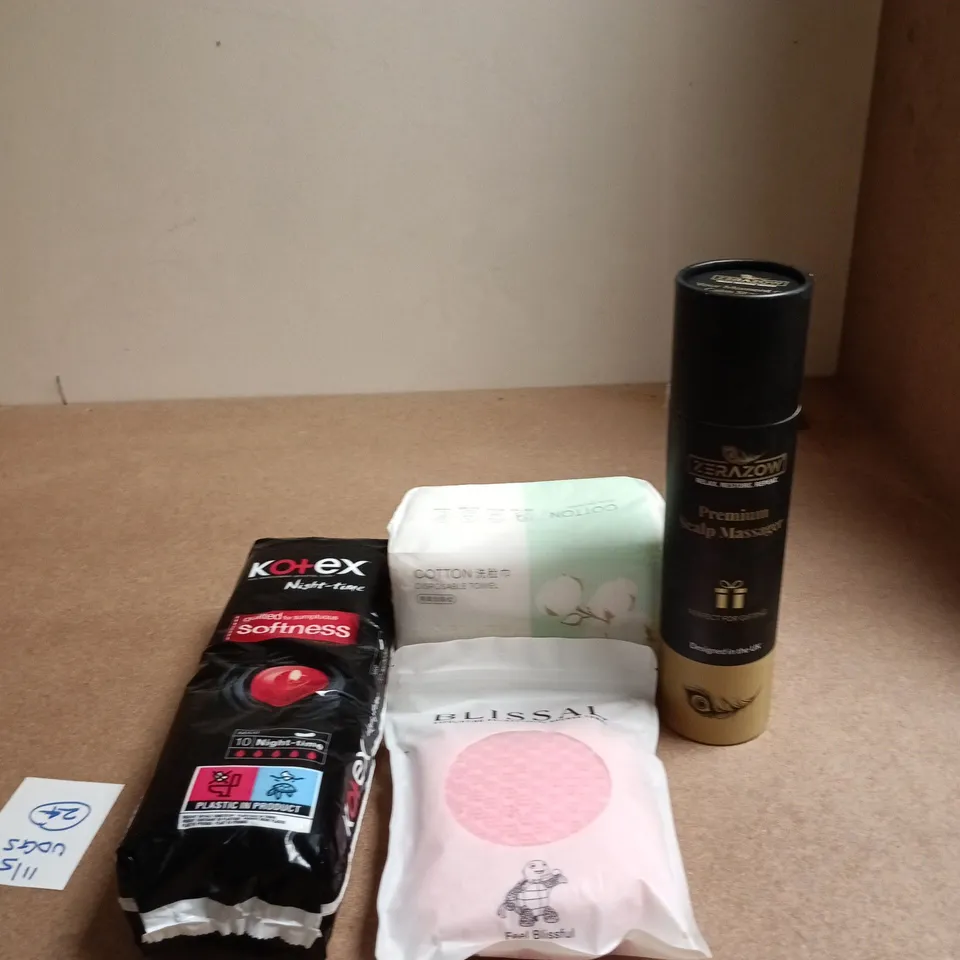 APPROXIMATEY 10 ASSORTED HEALTH AND BEAUTY PRODUCTS TO INCLUDE - KOTEX NIGHT TIME PADS - PREMIUM SCALP MASSAGER AND COTTON DISPOSABLE TOWELS