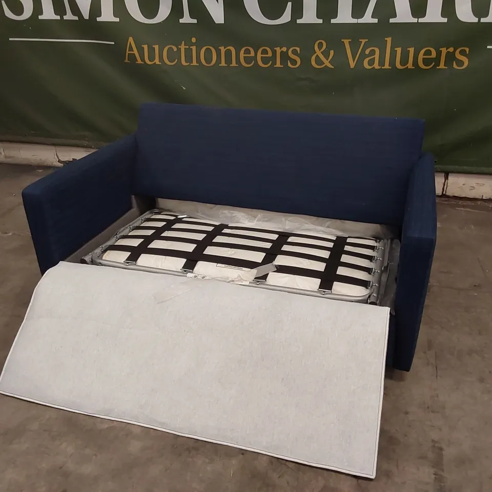 QUALITY DESIGNER NAVY LINEN UPHOLSTERED SOFA BED