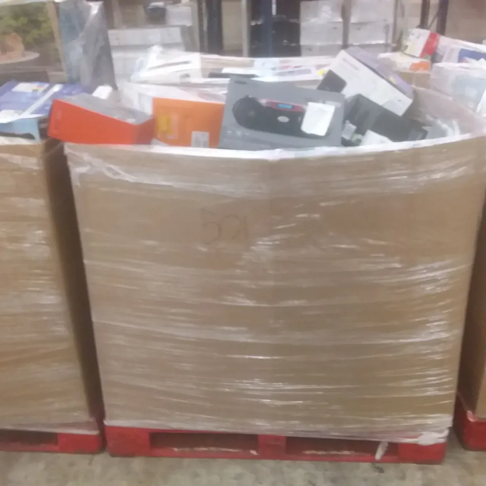 PALLET OF LARGE AMOUNT OF ASSORTED PRODUCTS TO INCLUDE PRINTERS, BOOMBOXES, AND GAMING KEYBOARDS ETC