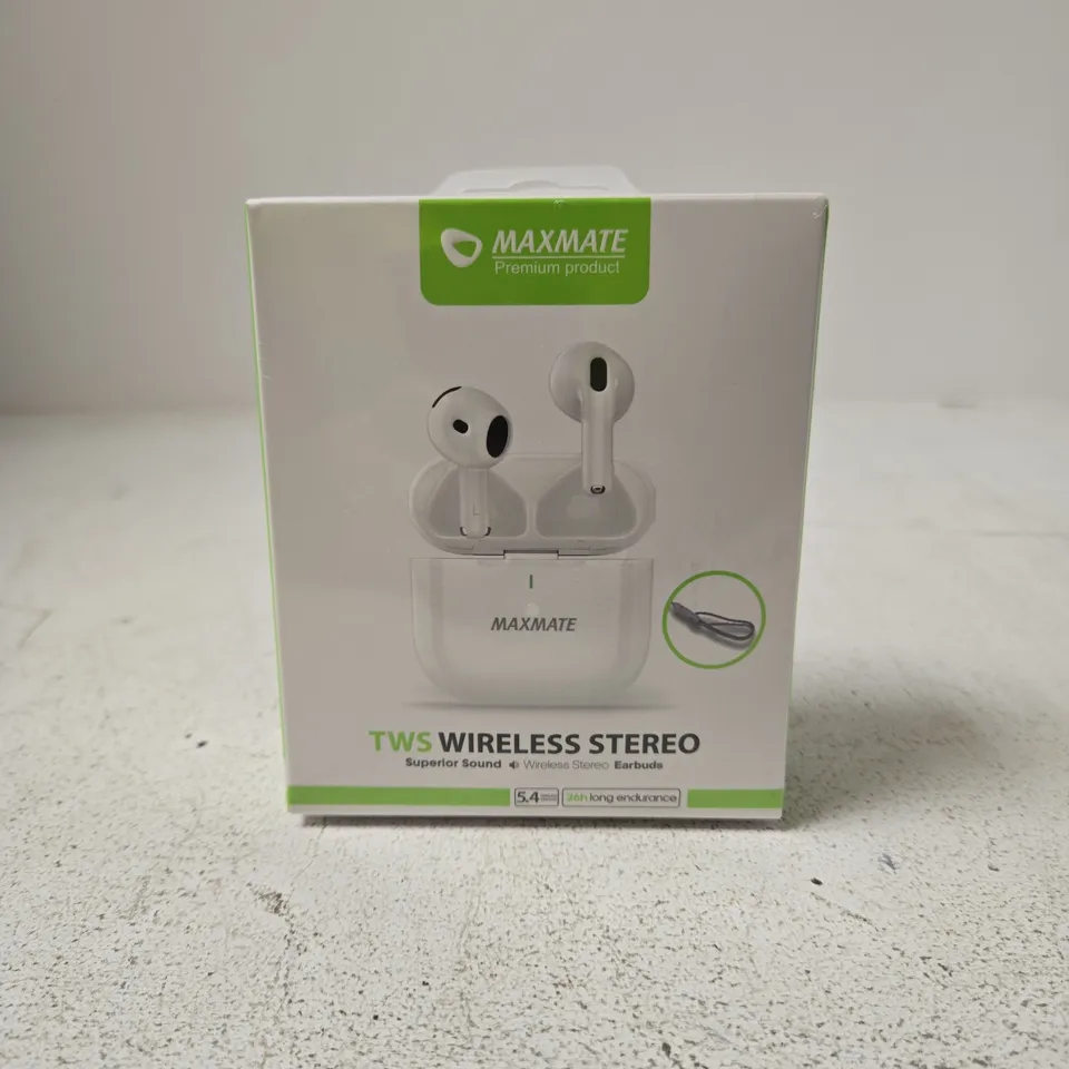 SEALED MAXMATE WIRELESS STEREO EARBUDS WITH CHARGING CASE – BLACK