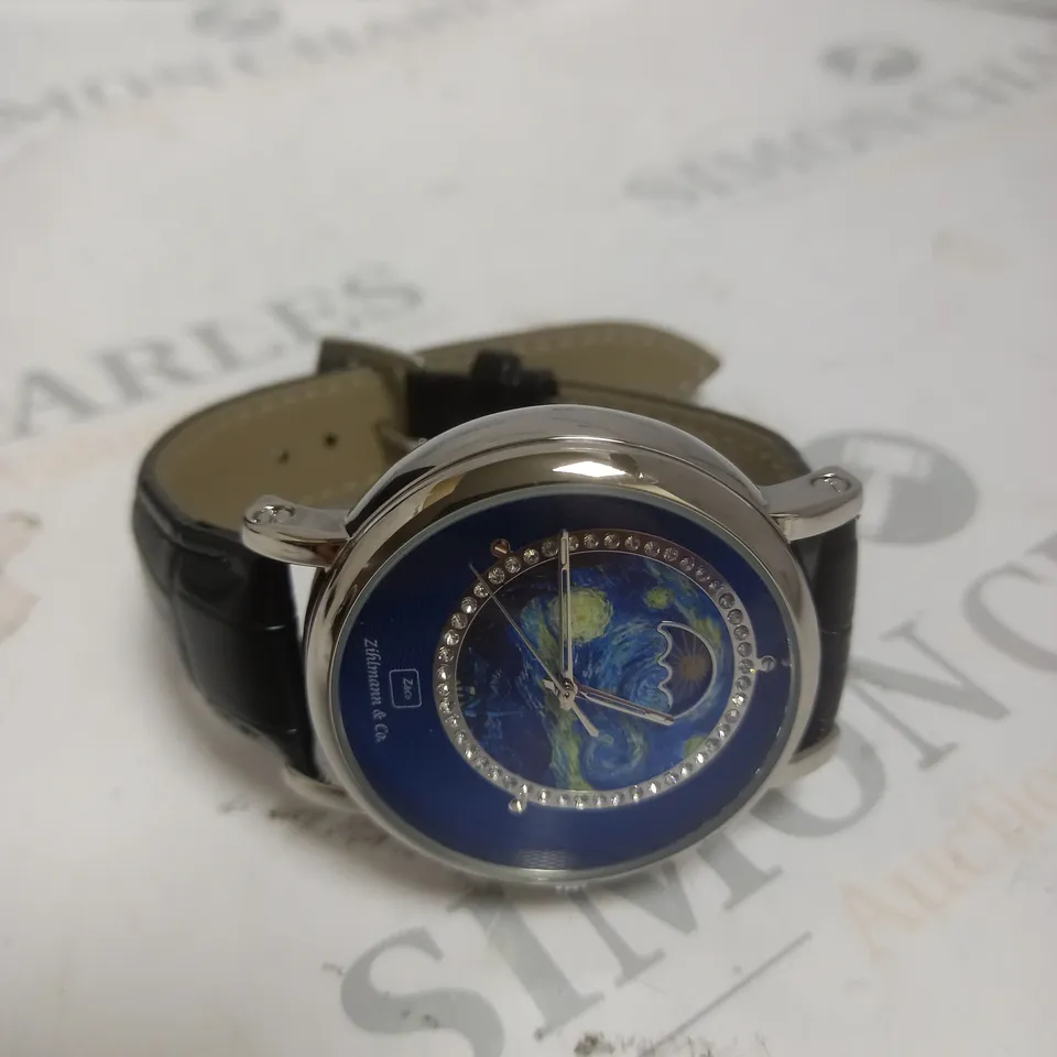 MENS ZIHLMANN & CO AUTOMATIC WATCH – Z150 – MOONPHASE DIAL – GLASS EXHIBITION BACKCASE - SILVER COLOUR CASE – BLACK LEATHER STRAP