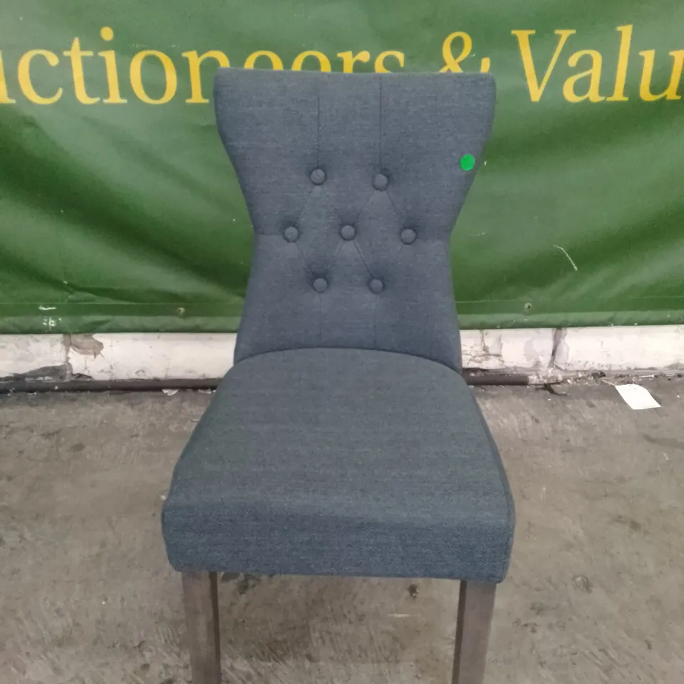 BEWLEY SLATE FABRIC BUTTON BACK DINING CHAIR WITH OAK LEGS